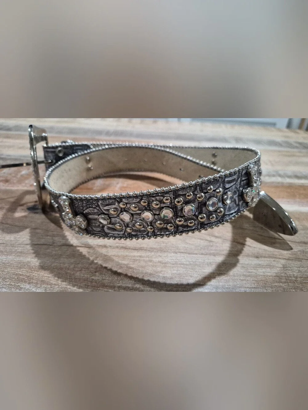 Y2K Vintage Leather Rhinestone Cross Belt - Silver Crystal Buckle S/M Western Co